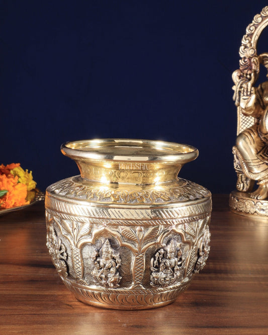 Brass Superfine Ashtalakshmi Kalash | Handcrafted Divine Pot | 100% Certified Copper & Brass - Sama Homes Idol - Brass Sculpture