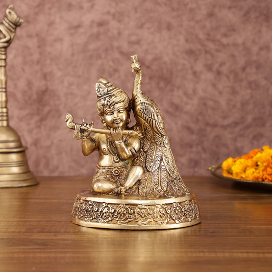 Brass Superfine Baal Gopal Krishna with Peacock | 7 Inch Height | 100% Certified Copper & Brass - Sama Homes Idol - Brass Sculpture