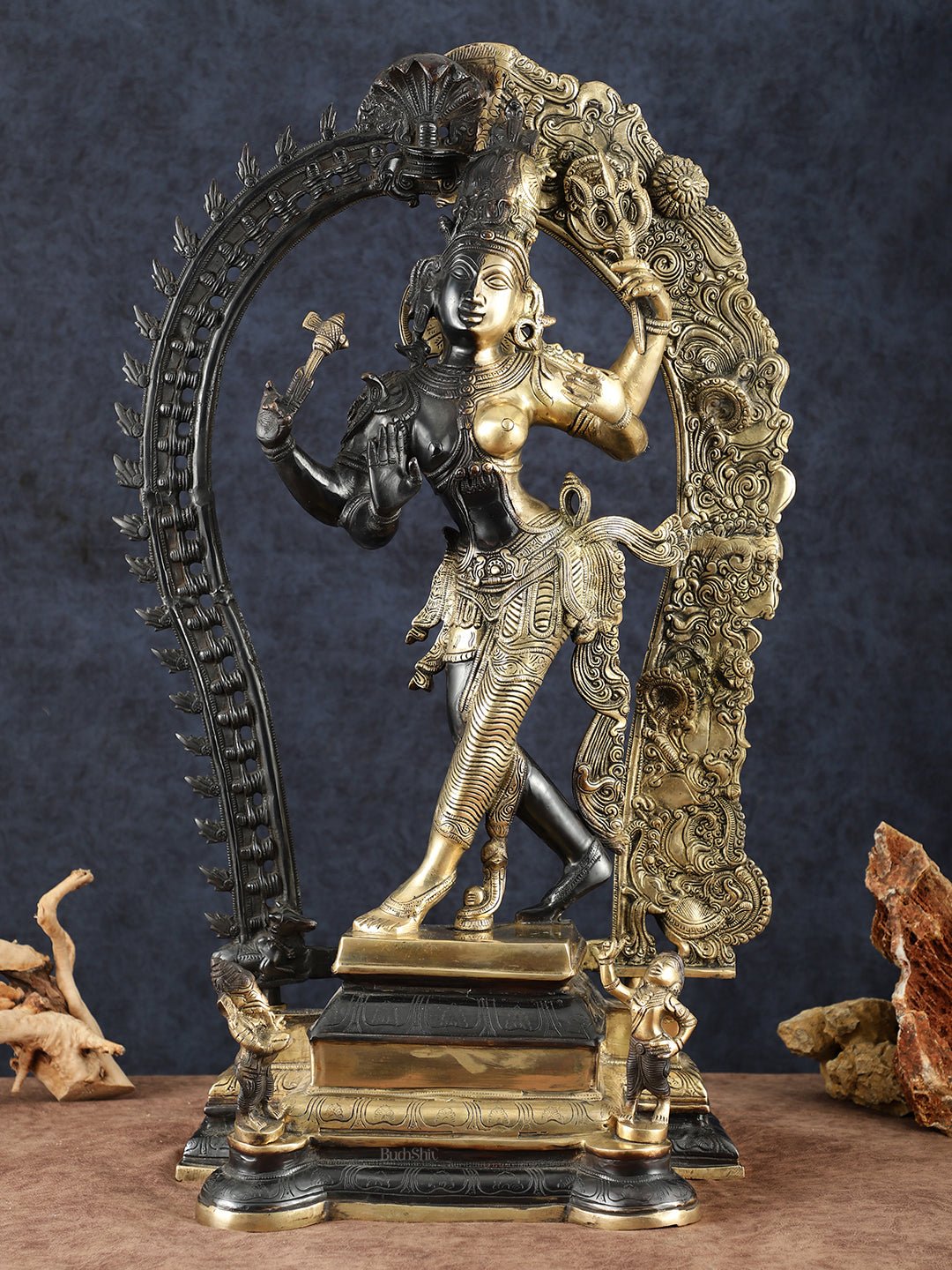 Brass Superfine Dancing Ardhanarishwara Sculpture with Prabhavali – 29.5" Height | 100% Certified Copper & Brass - Sama Homes Idol - Brass Sculpture - Eco-friendly - Sama Homes