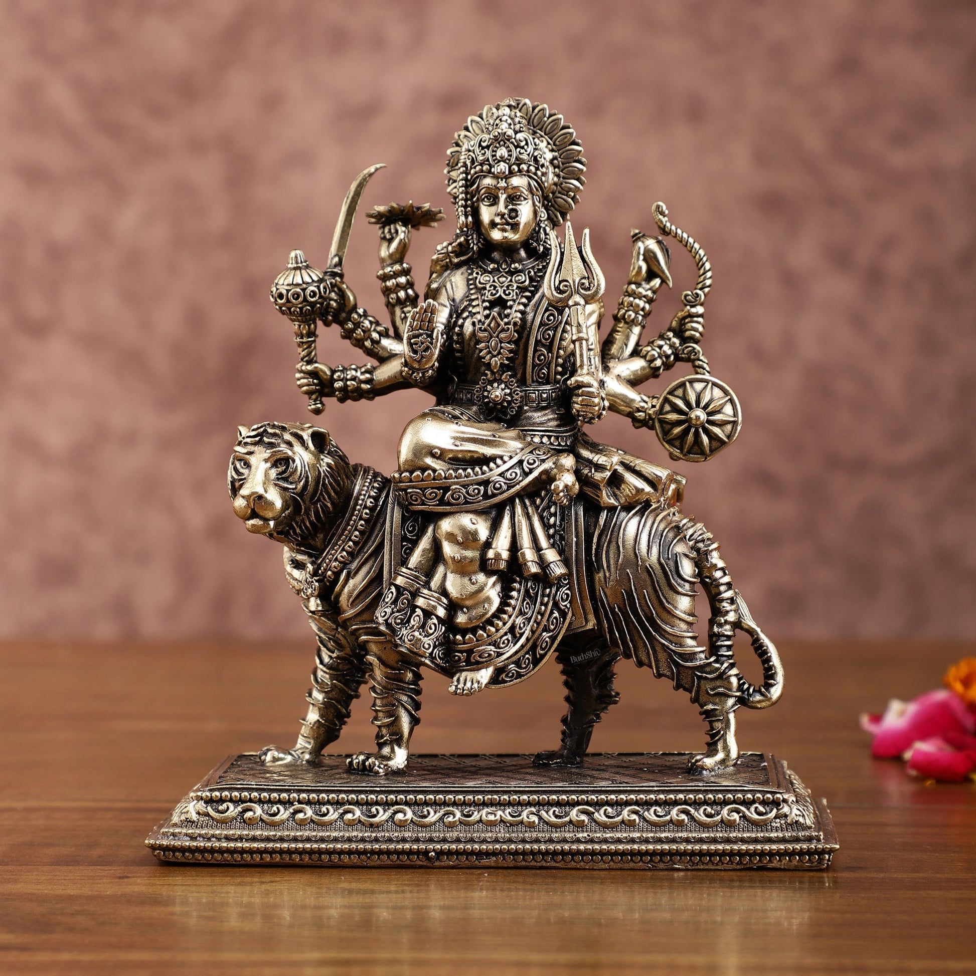 Brass Superfine Durga on Tiger Idol with Engraved Base – 7 Inches tall | 100% Certified Copper & Brass - Sama Homes Idol - Brass Sculpture - Eco-friendly - Sama Homes