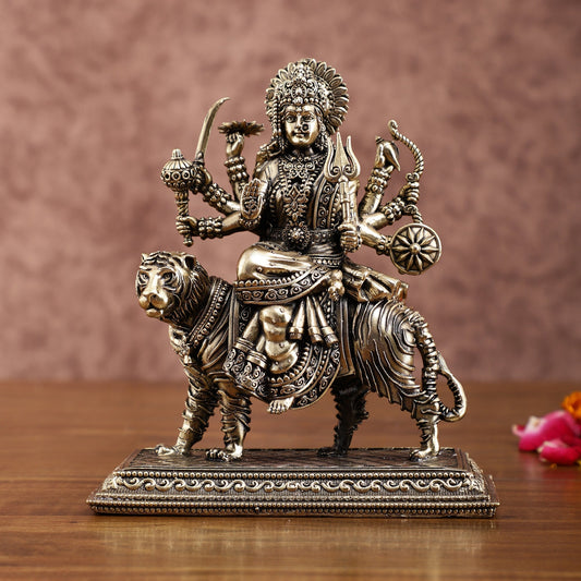 Brass Superfine Durga on Tiger Idol with Engraved Base – 7 Inches tall | 100% Certified Copper & Brass - Sama Homes Idol - Brass Sculpture