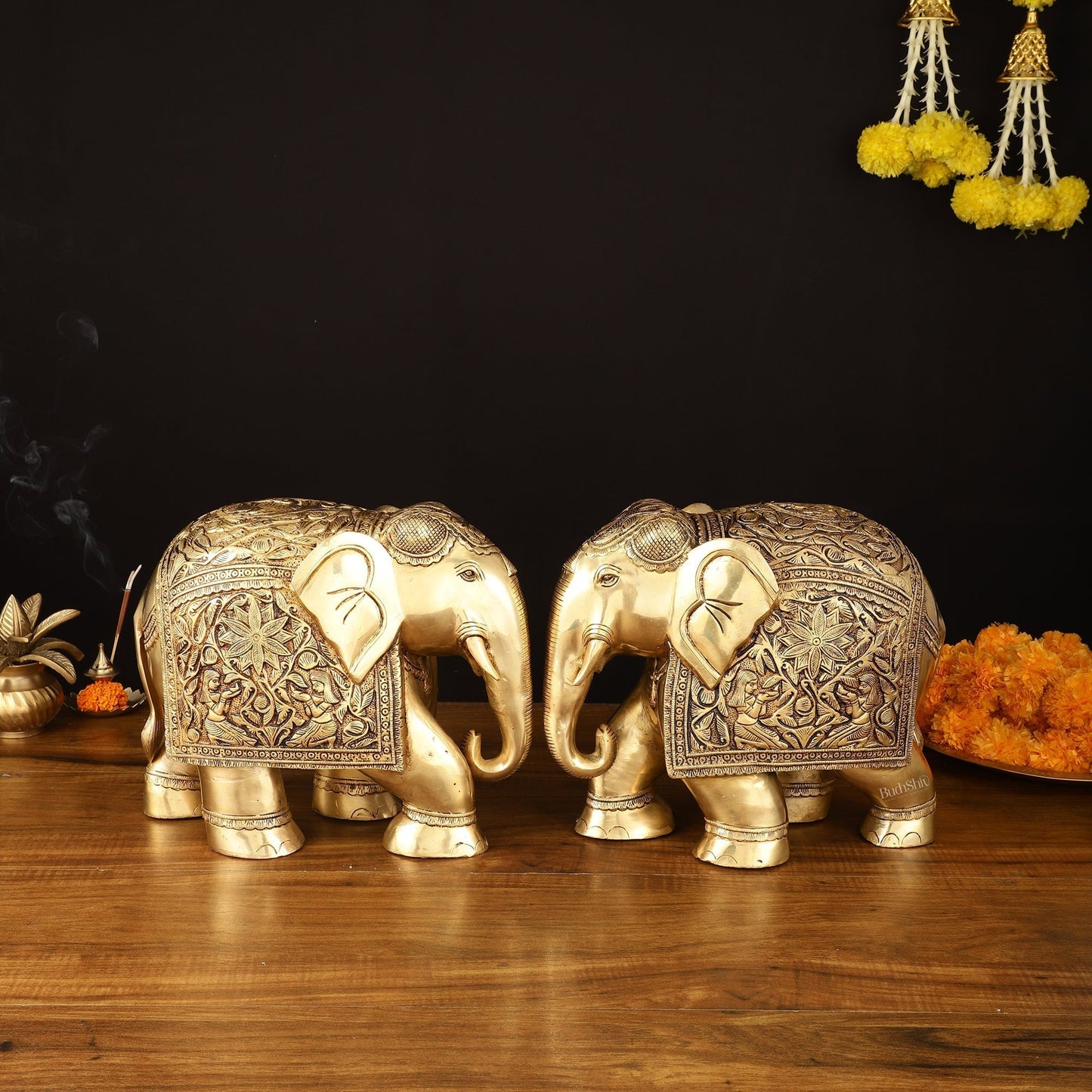 Brass Superfine Elephant Statue Pair - 9.5" Engraved Perfection