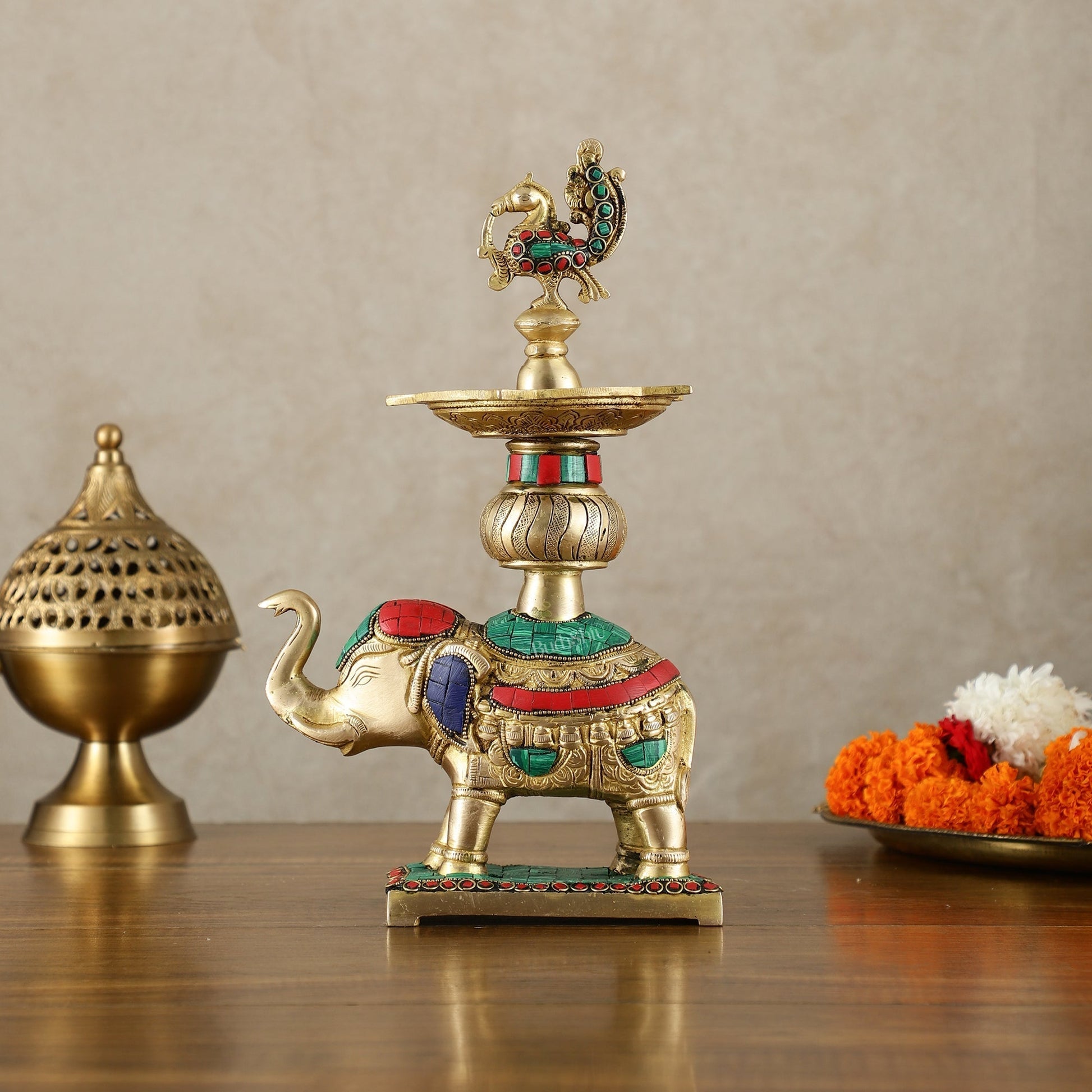 Brass Superfine Elephant with peacock lamp 11" meenakari single - Eco-friendly - Sama Homes