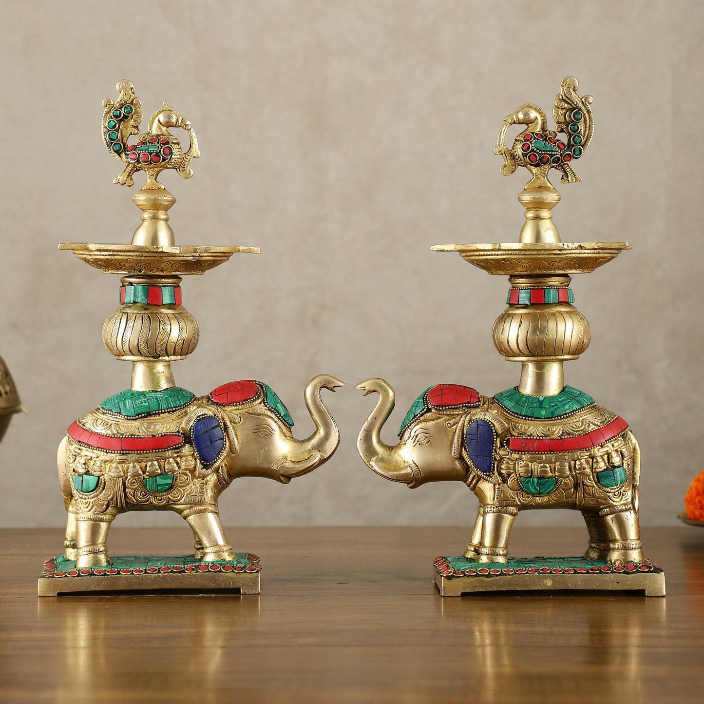 Pair of Pure Brass Elephant with Peacock Lamps (Diya) – 11.5 Inch, Superfine Meenakari Work, 6kg Set