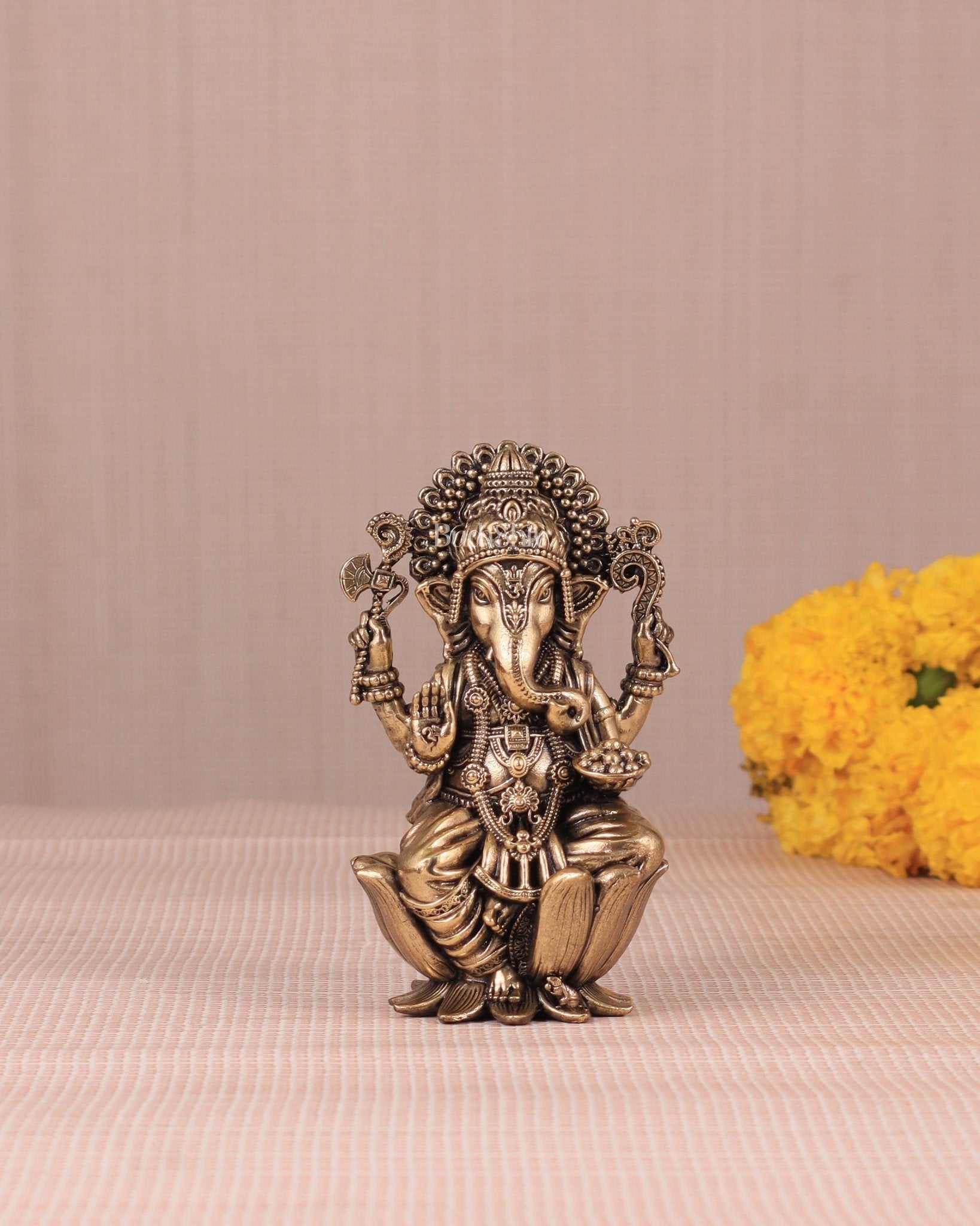 Brass Superfine Ganesh Idol - 4 Inch lotus base | 100% Certified Copper & Brass - Sama Homes Idol - Brass Sculpture - Eco-friendly - Sama Homes