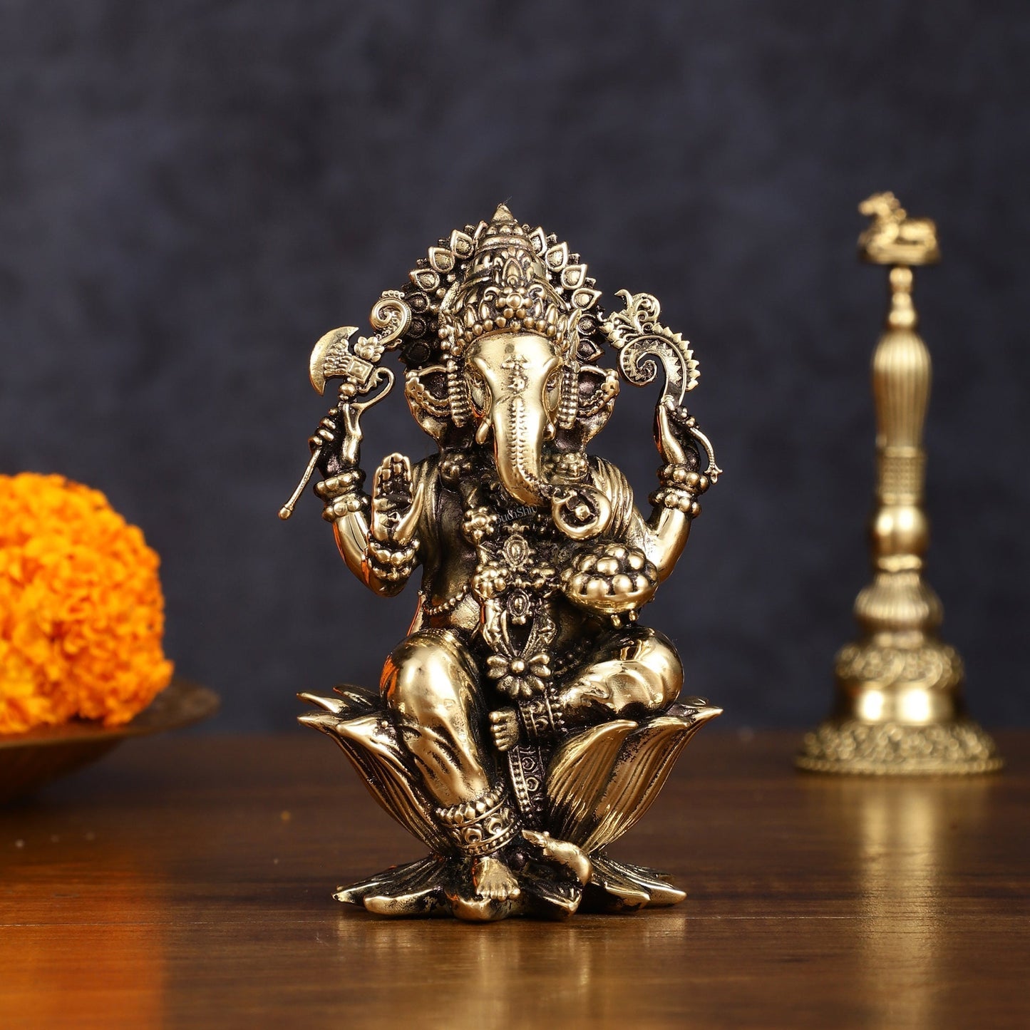 Brass Superfine Ganesh Idol - 4 Inch | 100% Certified Copper & Brass - Sama Homes Idol - Brass Sculpture