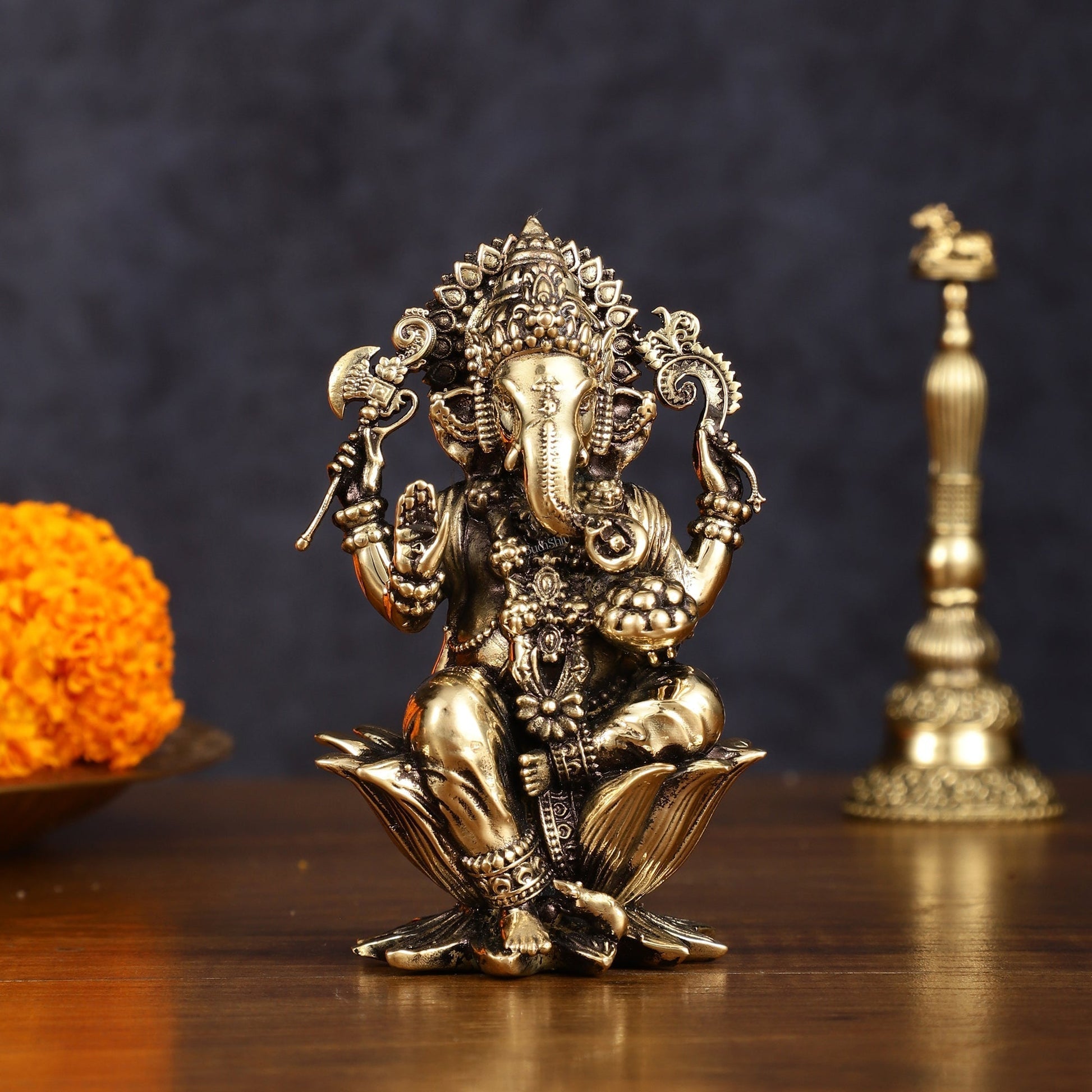 Brass Superfine Ganesh Idol - 4 Inch | 100% Certified Copper & Brass - Sama Homes Idol - Brass Sculpture - Eco-friendly - Sama Homes