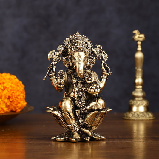 Brass Superfine Ganesh Idol - 4 Inch | 100% Certified Copper & Brass - Sama Homes Idol - Brass Sculpture