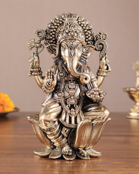 Brass Superfine Ganesh Idol - 6 Inch lotus base | 100% Certified Copper & Brass - Sama Homes Idol - Brass Sculpture
