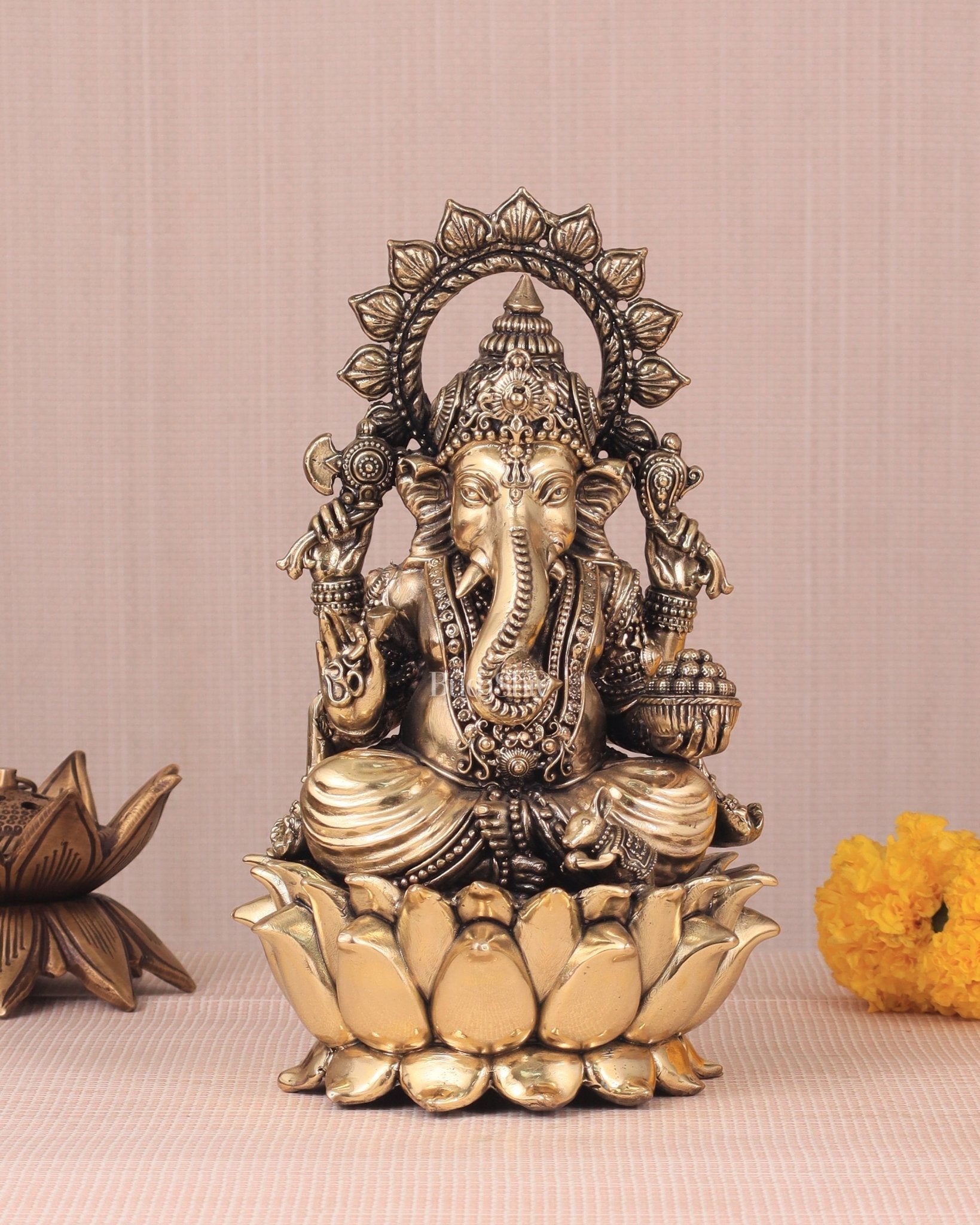 Brass Superfine Ganesh Idol - 8" | 100% Certified Copper & Brass - Sama Homes Idol - Brass Sculpture - Eco-friendly - Sama Homes
