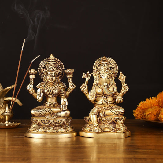 Brass Superfine Ganesh Lakshmi Idol - 7" Divine Sculpture | 100% Certified Copper & Brass - Sama Homes Idol - Brass Sculpture