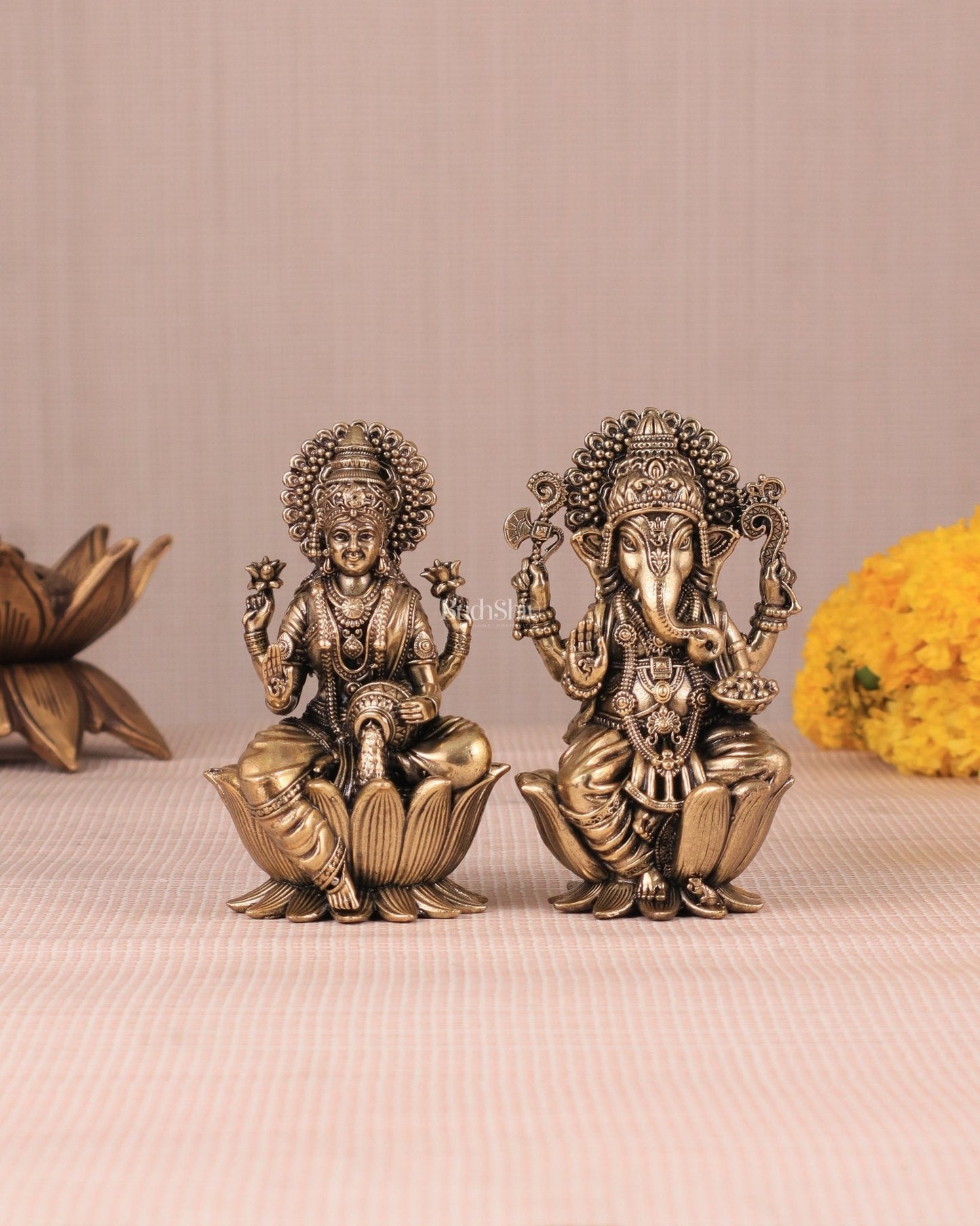 Brass Superfine Ganesh Lakshmi Idols - 4 Inch | 100% Certified Copper & Brass - Sama Homes Idol - Brass Sculpture