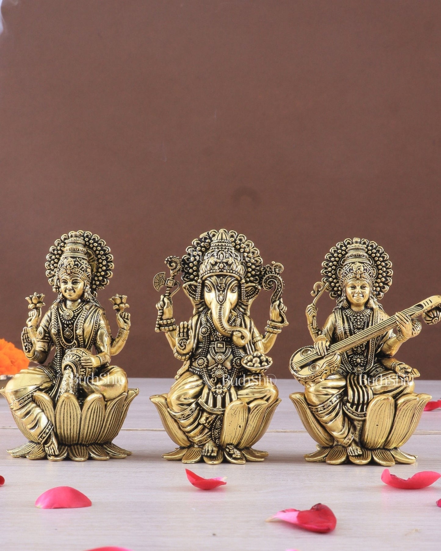 Brass Superfine Ganesh Lakshmi Saraswati Idols - 4 Inch lotus base golden tone | 100% Certified Copper & Brass - Sama Homes Idol - Brass Sculpture