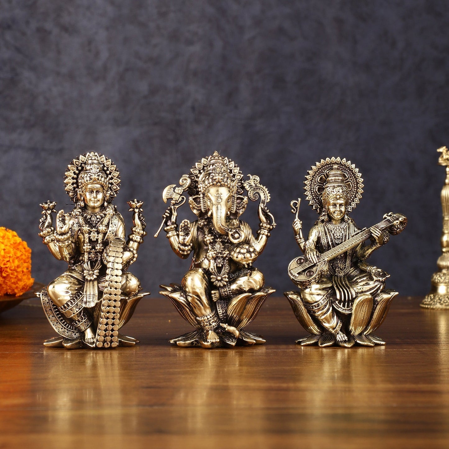Brass Superfine Ganesh Lakshmi Saraswati Idols - 4 Inch | 100% Certified Copper & Brass - Sama Homes Idol - Brass Sculpture