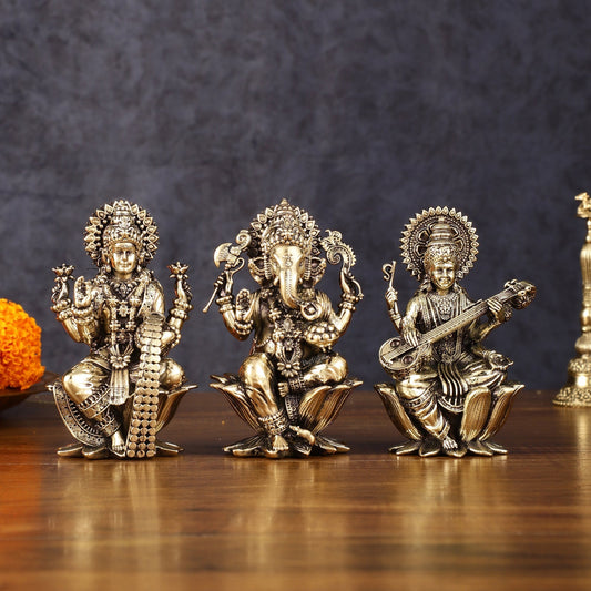 Brass Superfine Ganesh Lakshmi Saraswati Idols - 4 Inch | 100% Certified Copper & Brass - Sama Homes Idol - Brass Sculpture
