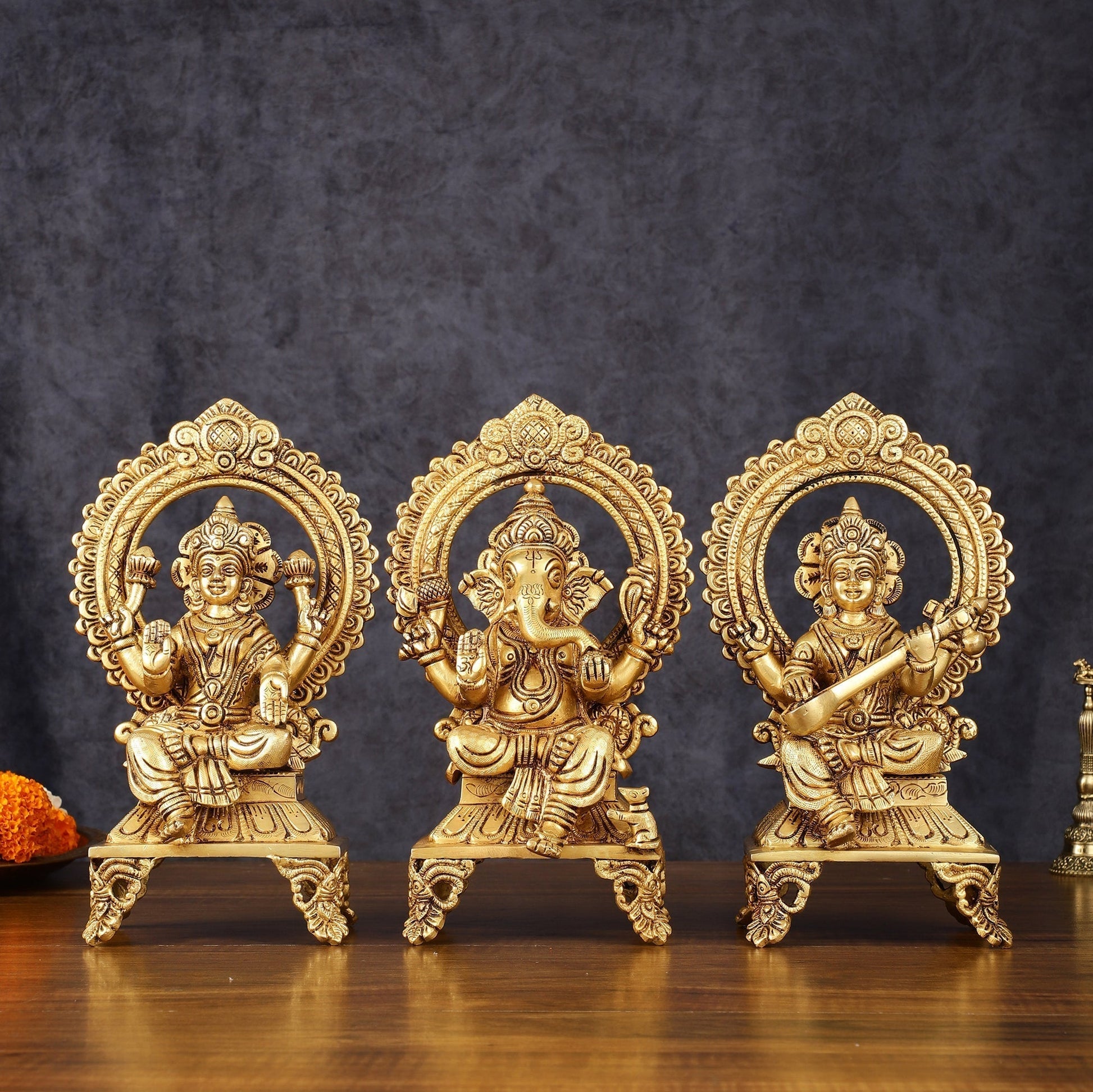 Brass Superfine Ganesh Lakshmi Saraswati idols 9.5" | 100% Certified Copper & Brass - Sama Homes Idol - Brass Sculpture - Eco-friendly - Sama Homes