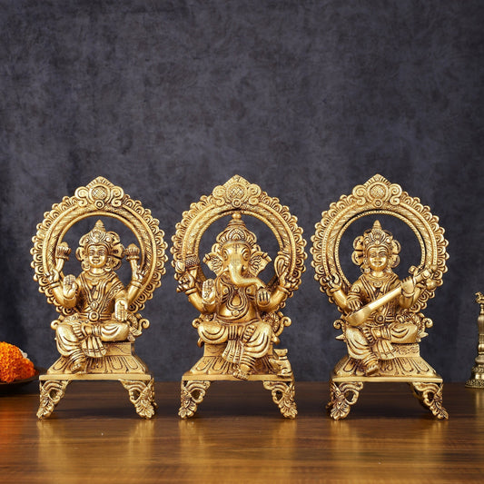 Brass Superfine Ganesh Lakshmi Saraswati idols 9.5" | 100% Certified Copper & Brass - Sama Homes Idol - Brass Sculpture
