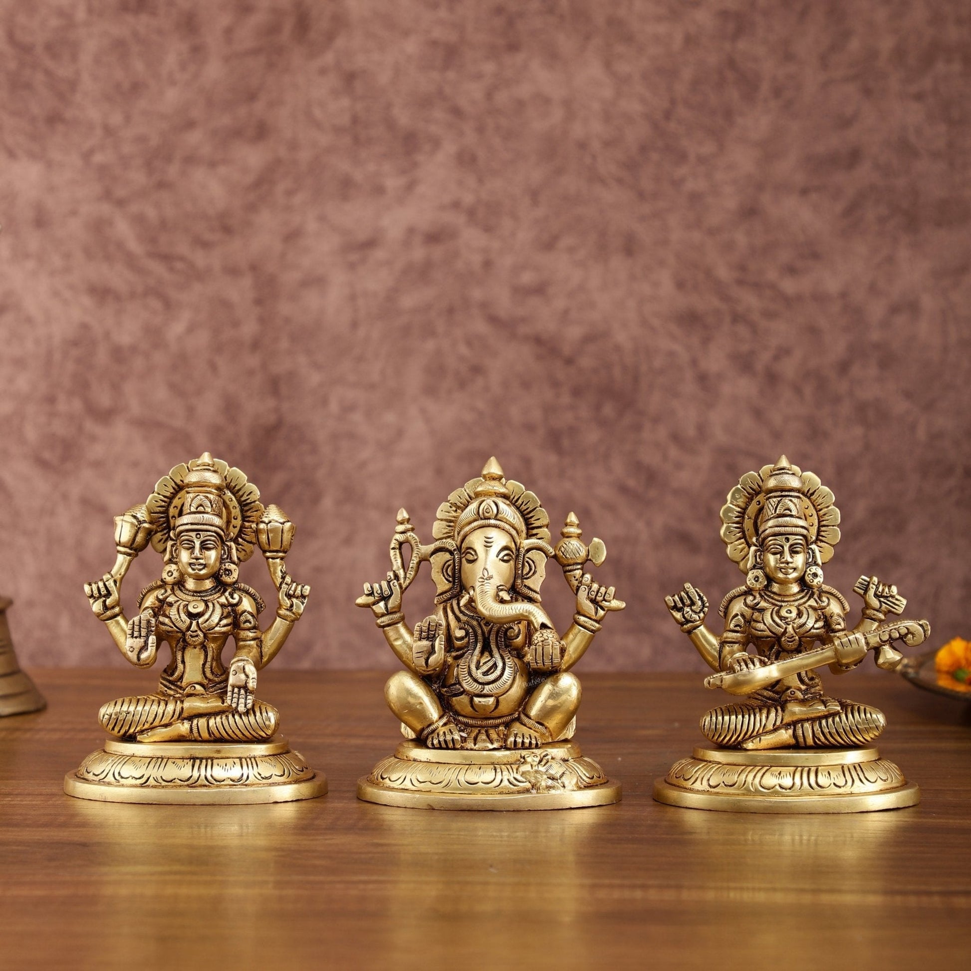 Brass Superfine Ganesh Lakshmi Saraswati Idols Set | 5-inch | 100% Certified Copper & Brass - Sama Homes Idol - Brass Sculpture - Eco-friendly - Sama Homes