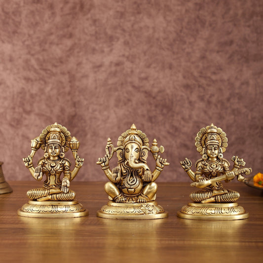 Brass Superfine Ganesh Lakshmi Saraswati Idols Set | 5-inch | 100% Certified Copper & Brass - Sama Homes Idol - Brass Sculpture