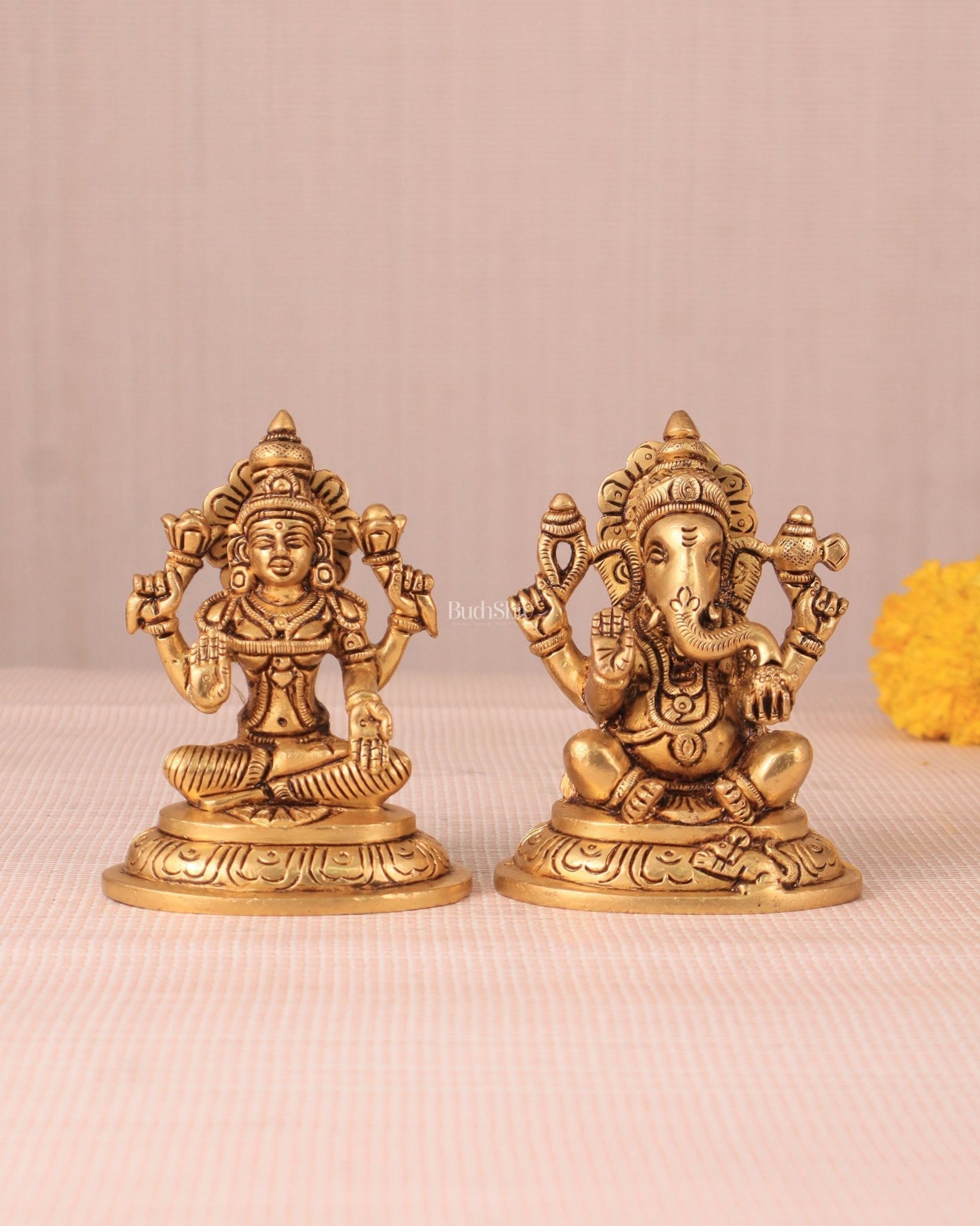 Brass Superfine Ganesha and Lakshmi Idol Pair - 4" | 100% Certified Copper & Brass - Sama Homes Idol - Brass Sculpture - Eco-friendly - Sama Homes