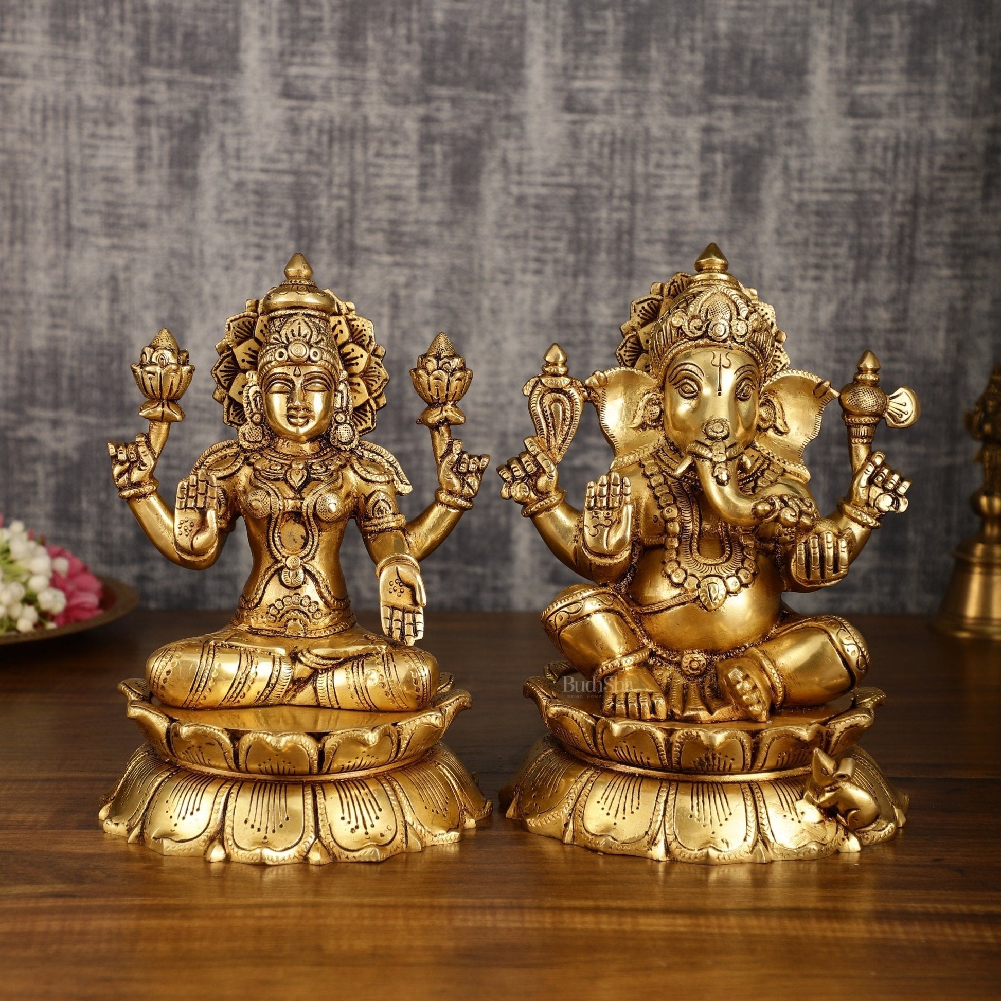 Brass Superfine Ganesha and Lakshmi Statues on Lotus | 9 Inch | 100% Certified Copper & Brass - Sama Homes Idol - Brass Sculpture - Eco-friendly - Sama Homes