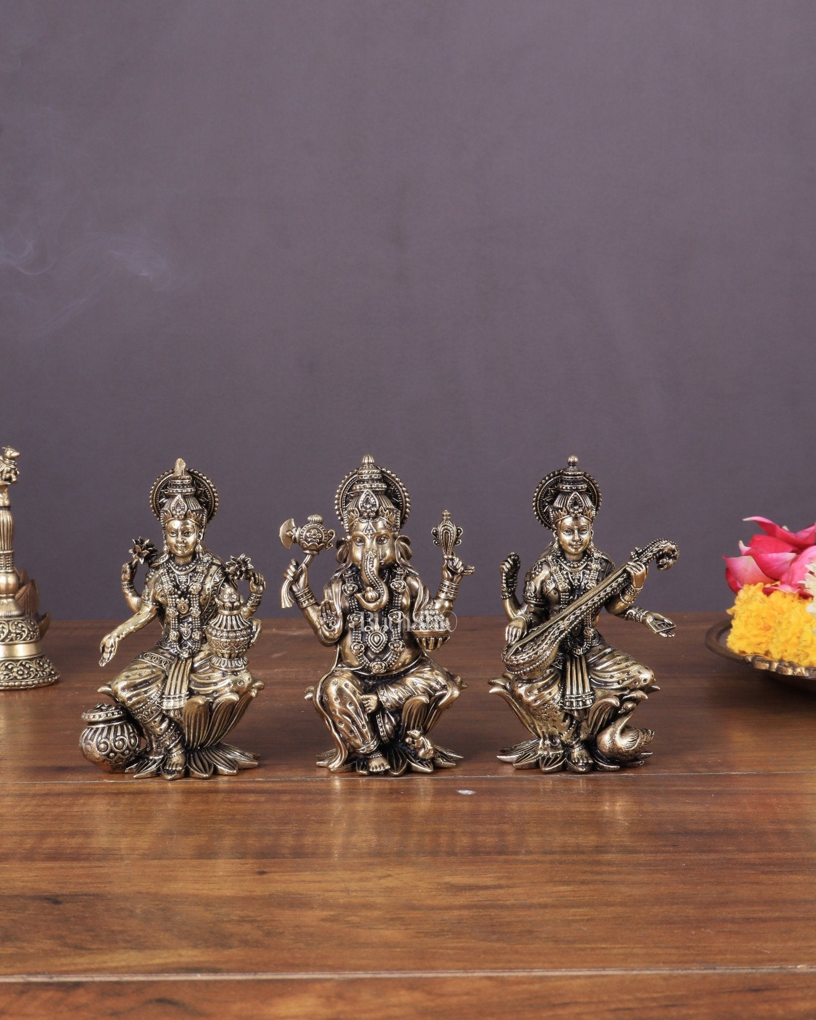 Brass Superfine Ganesha, Lakshmi, and Saraswati Idols Seated on Lotus 4" - Sama Homes Idol - Brass Sculpture - Eco-friendly - Sama Homes