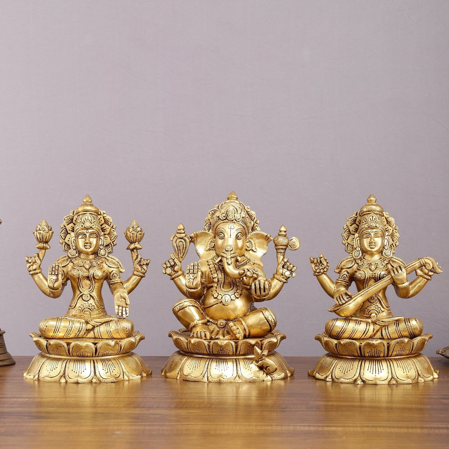 Brass superfine Ganesha, Lakshmi, and Saraswati Statues 9" - Sama Homes Idol - Brass Sculpture