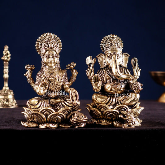 Brass Superfine Ganesha Lakshmi Idol Set 4" | 100% Certified Copper & Brass - Sama Homes Idol - Brass Sculpture