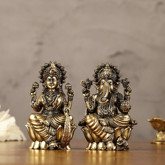 Brass Superfine Ganesha Lakshmi Idols - 3" Height | Intricate Lightweight Duo | 100% Certified Copper & Brass - Sama Homes Idol - Brass Sculpture