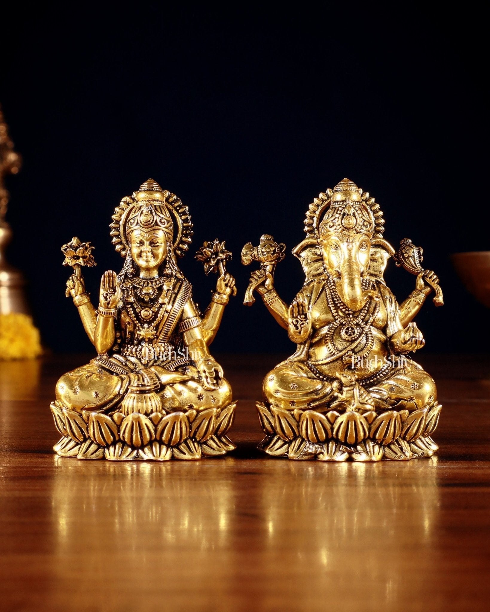 Brass Superfine Ganesha Lakshmi Idols - 3.5" Height | golden tone | 100% Certified Copper & Brass - Sama Homes Idol - Brass Sculpture - Eco-friendly - Sama Homes