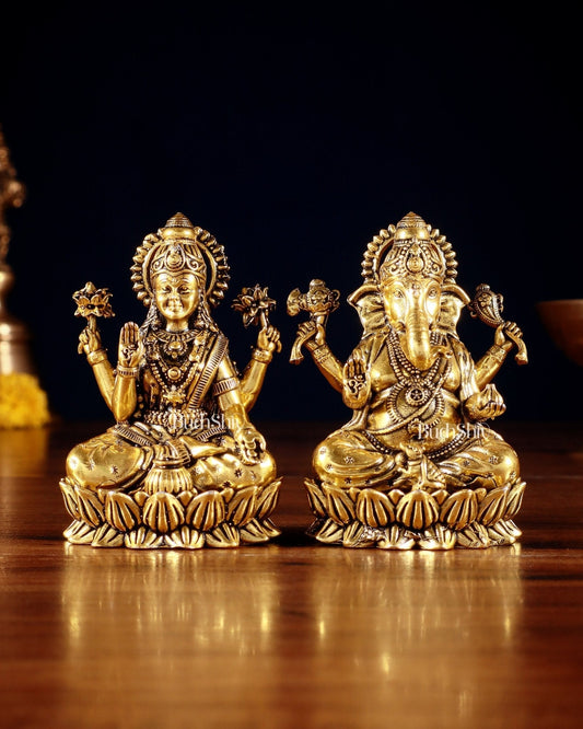 Brass Superfine Ganesha Lakshmi Idols - 3.5" Height | golden tone | 100% Certified Copper & Brass - Sama Homes Idol - Brass Sculpture