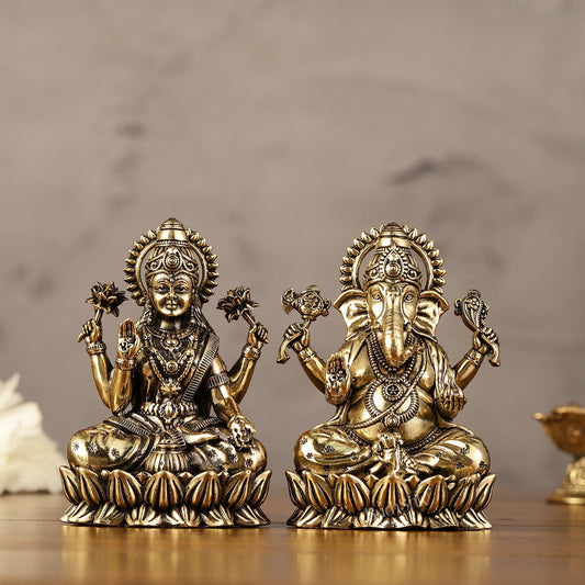 Brass Superfine Ganesha Lakshmi Idols - 3.5" Height | Intricate Lightweight Duo | 100% Certified Copper & Brass - Sama Homes Idol - Brass Sculpture