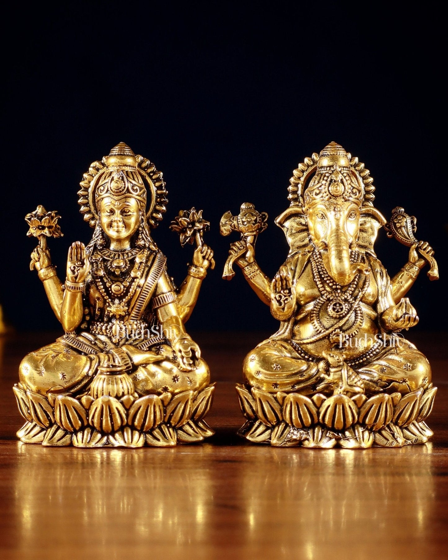 Brass Superfine Ganesha Lakshmi Idols - 4.25" Height | Golden tone - Sama Homes Idol - Brass Sculpture