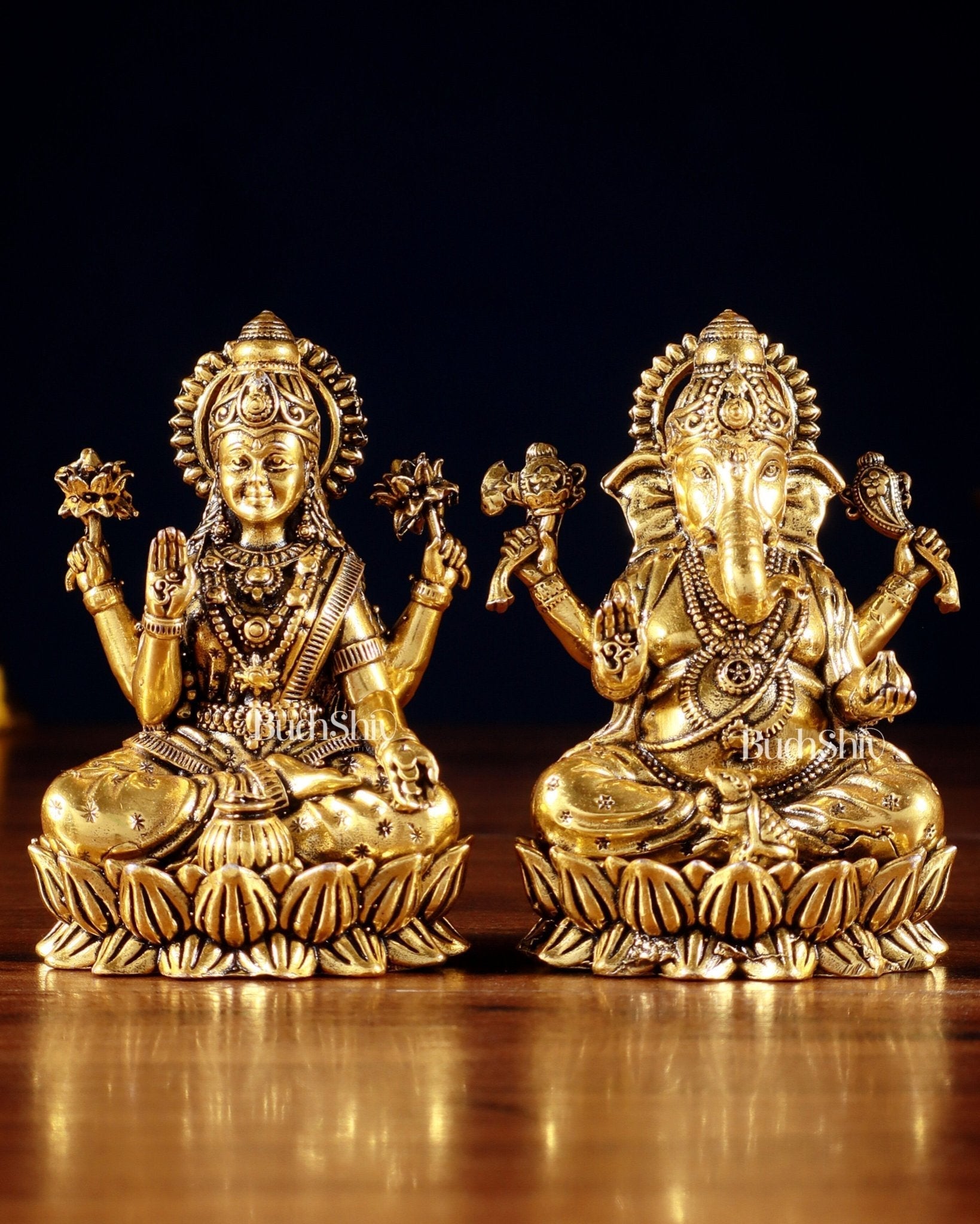 Brass Superfine Ganesha Lakshmi Idols - 4.25" Height | Golden tone - Sama Homes Idol - Brass Sculpture - Eco-friendly - Sama Homes