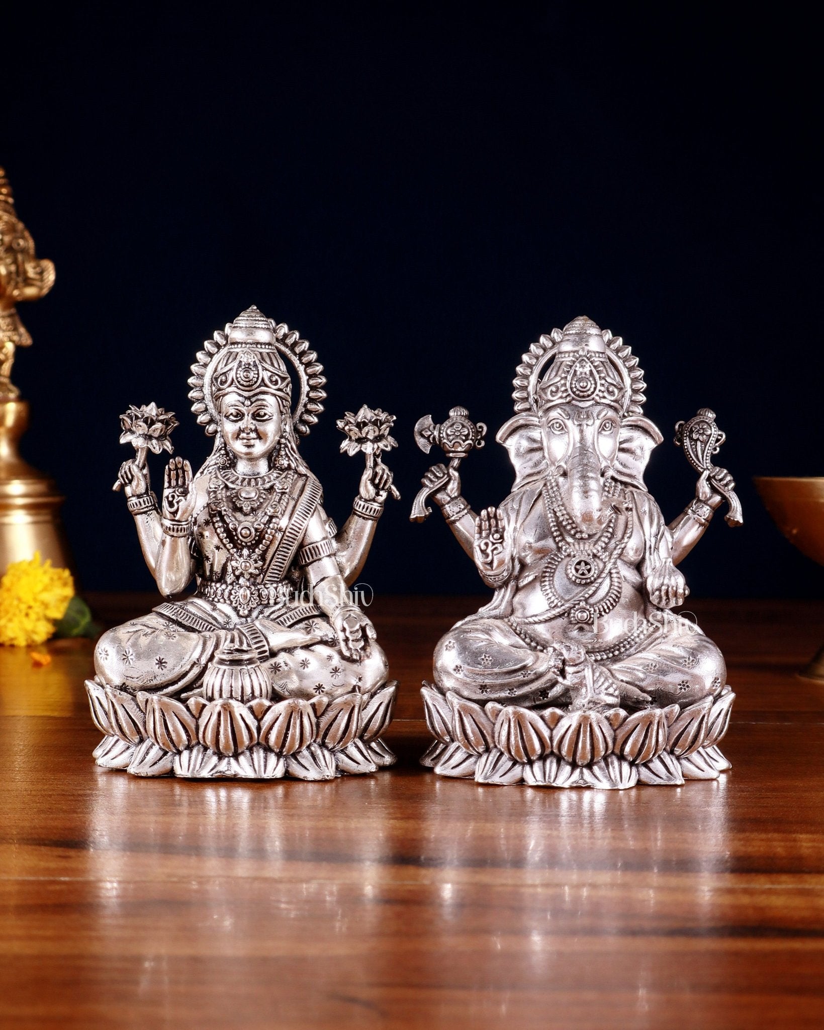 Brass Superfine Ganesha Lakshmi Idols - 4.25" Height | Silver plated - Sama Homes Idol - Brass Sculpture - Eco-friendly - Sama Homes