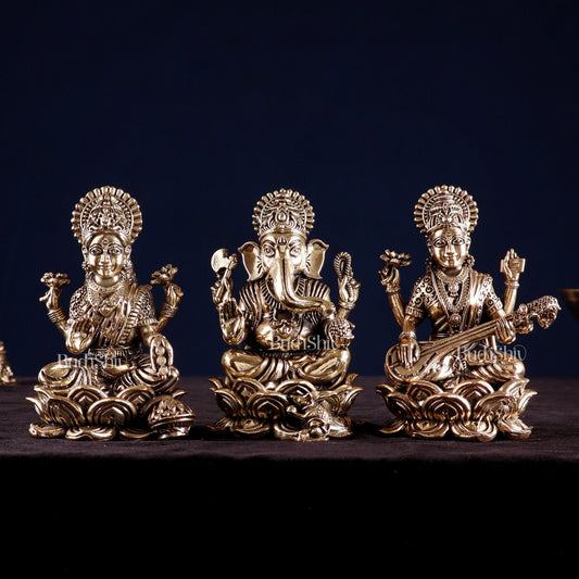 Brass Superfine Ganesha Lakshmi Saraswati Idol Set 4" - Sama Homes Idol - Brass Sculpture