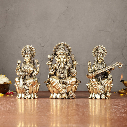 Brass Superfine Ganesha, Lakshmi, Saraswati Idols Set | 6" - Sama Homes Idol - Brass Sculpture