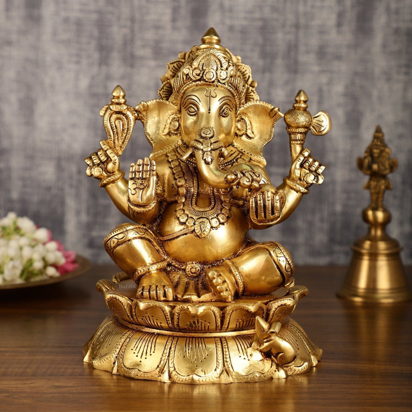 Brass Superfine Ganesha on lotus Statue | 9.5 Inch Height - Sama Homes Idol - Brass Sculpture