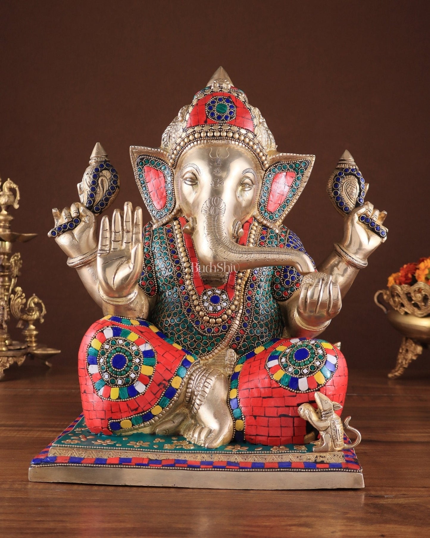 Brass Superfine Ganesha statue 15" meenakari Stonework - Sama Homes Idol - Brass Sculpture