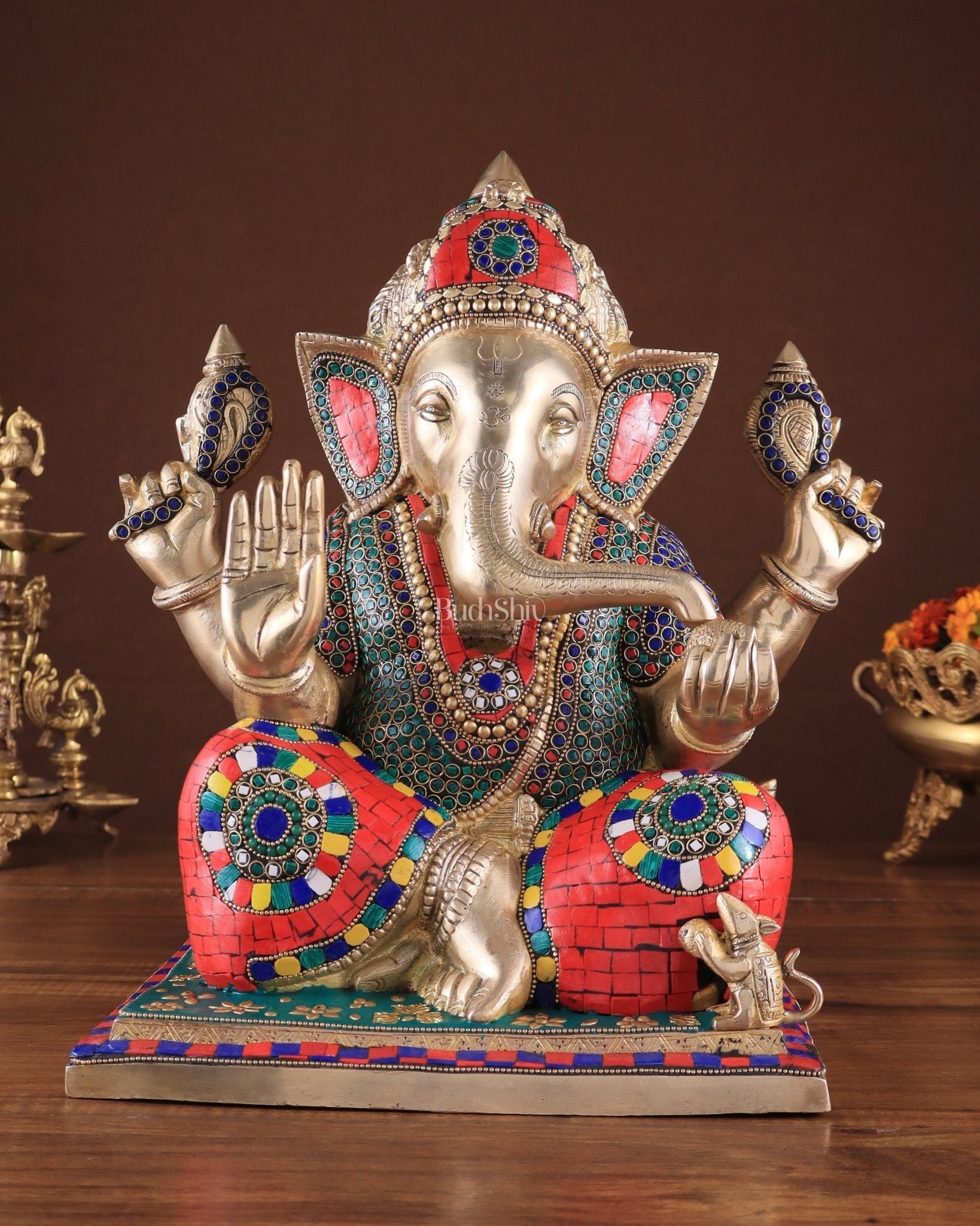 Brass Superfine Ganesha statue 15" meenakari Stonework - Sama Homes Idol - Brass Sculpture - Eco-friendly - Sama Homes