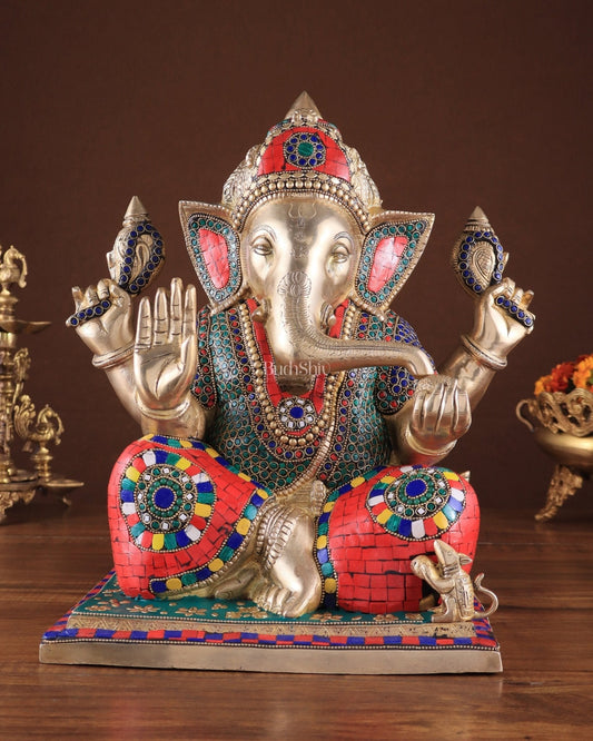 Brass Superfine Ganesha statue 15" meenakari Stonework - Sama Homes Idol - Brass Sculpture