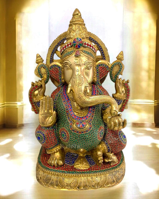 Brass Superfine Ganesha Statue with Sharp Features & Stonework - 20" - Sama Homes Idol - Brass Sculpture