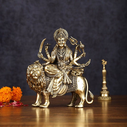Brass Superfine Goddess Durga Ambe Mata Sitting on Lion - 8" Tall - Sama Homes Idol - Brass Sculpture