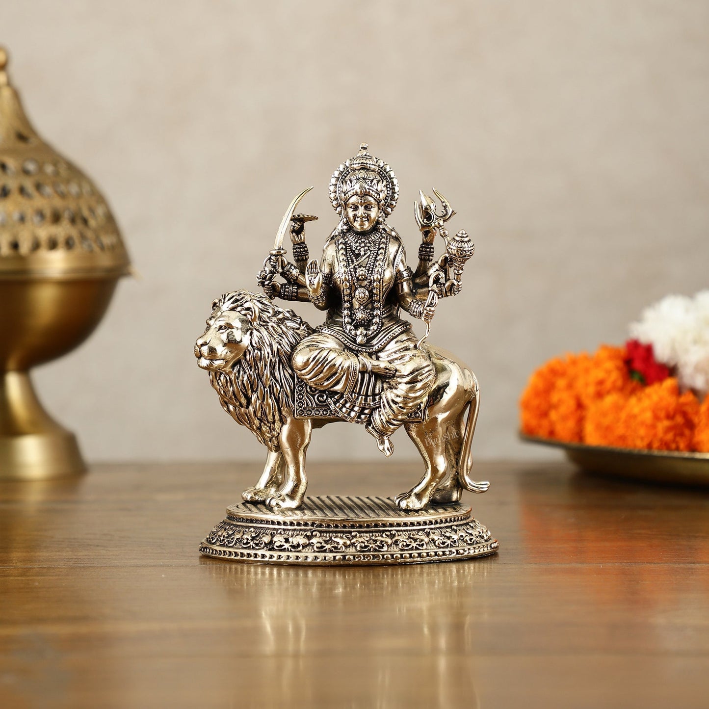 Brass Superfine Goddess Durga on Lion Idol with Base - 5.5 Inch - Sama Homes Idol - Brass Sculpture