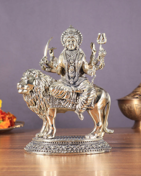 Brass Superfine Goddess Durga on Lion Idol with Base - 6.5 Inch - Sama Homes Idol - Brass Sculpture