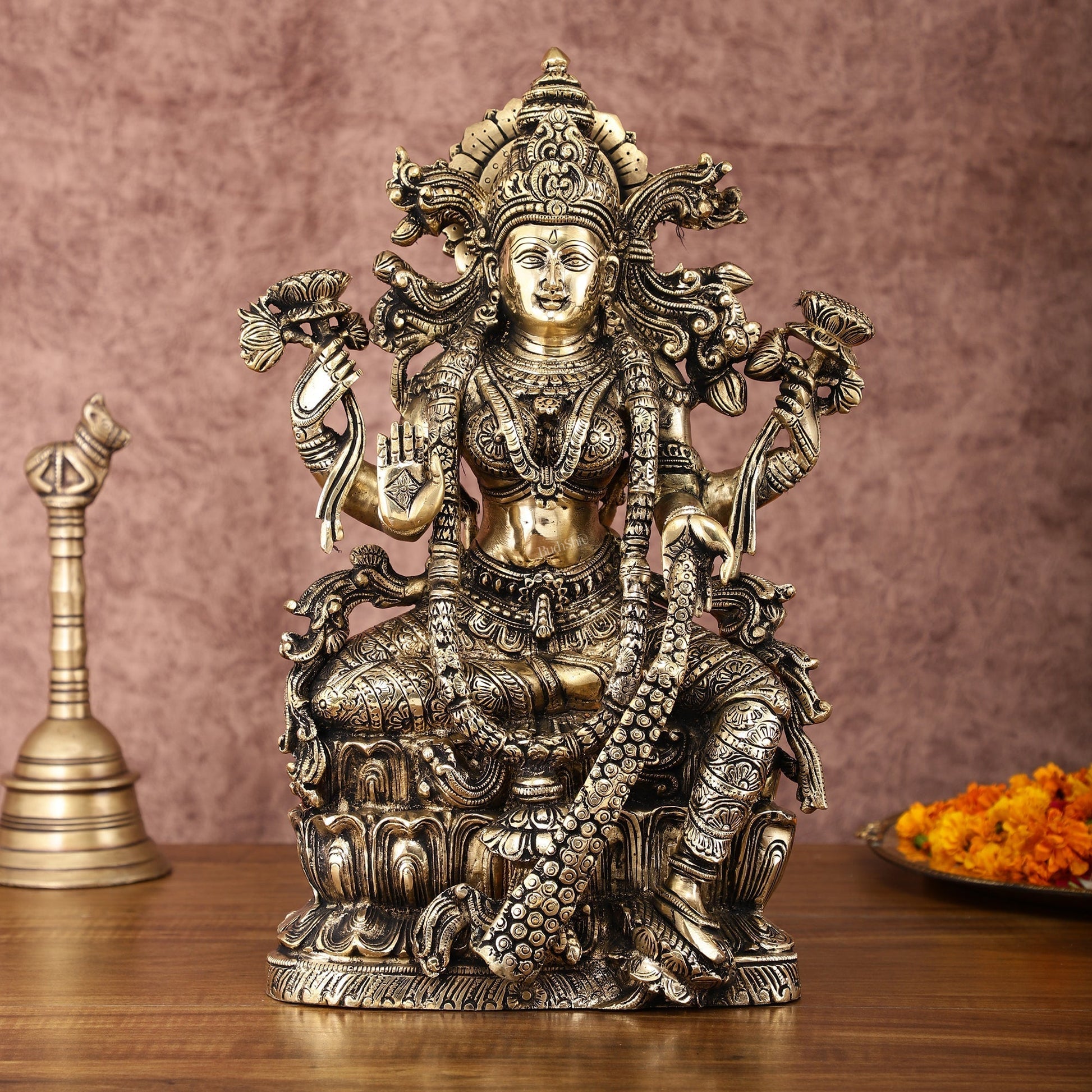 Brass Superfine Goddess Lakshmi Idol | 15 Inch Height | Antique shine - Sama Homes Idol - Brass Sculpture - Eco-friendly - Sama Homes