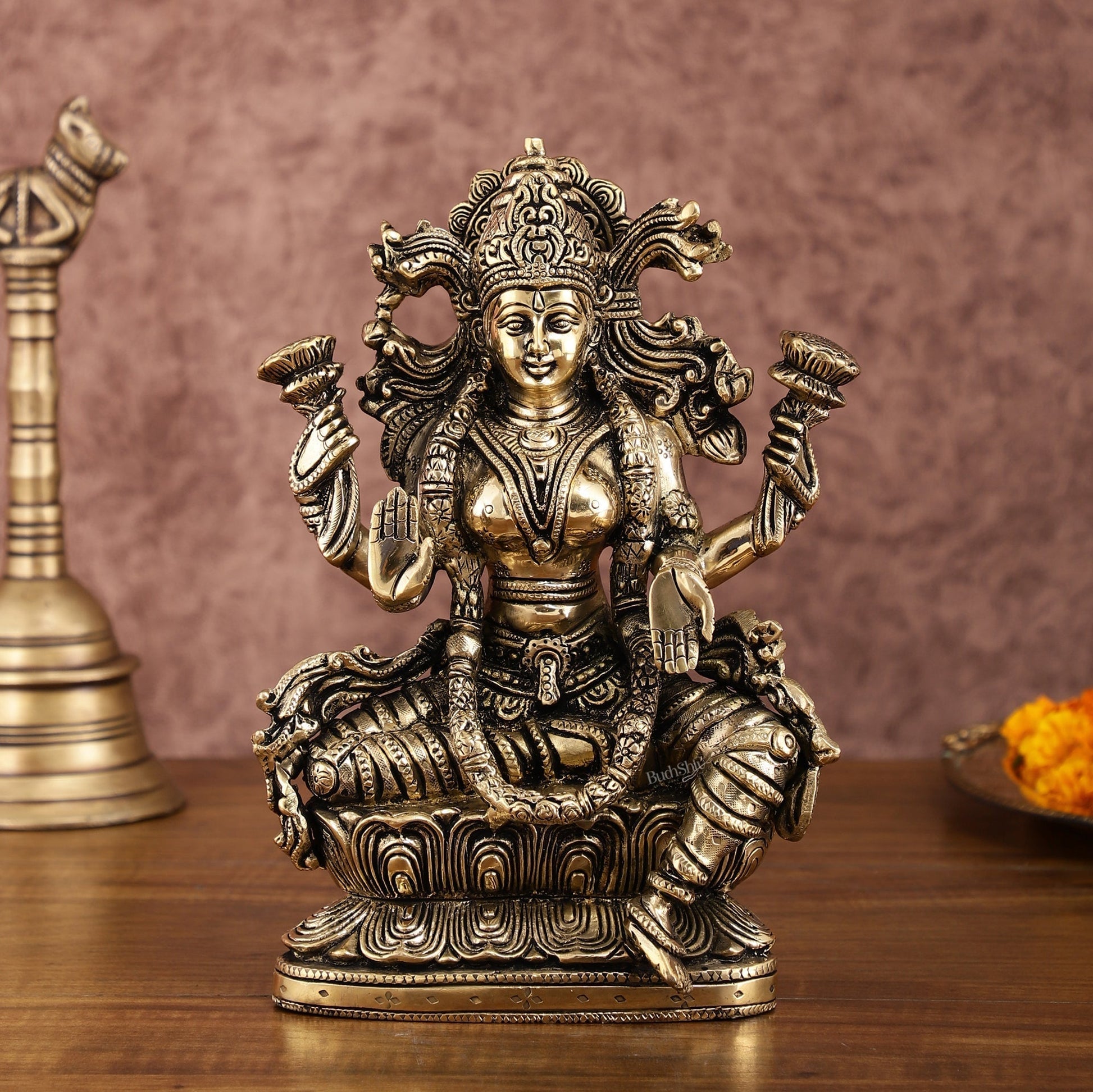 Brass Superfine Goddess Lakshmi Idol | 9 Inch Height | Enhanced Carvings - Sama Homes Idol - Brass Sculpture - Eco-friendly - Sama Homes