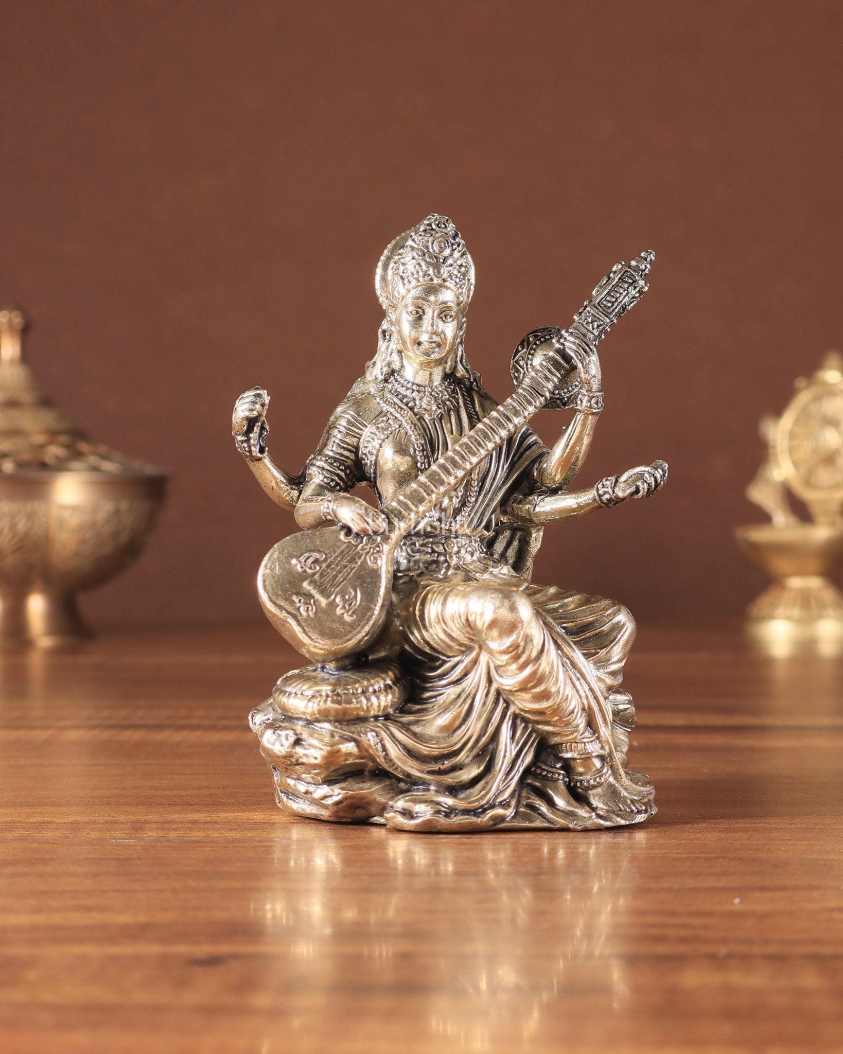 Brass Superfine Goddess Saraswati Idol – Symbol of Wisdom & Knowledge - Sama Homes Idol - Brass Sculpture - Eco-friendly - Sama Homes