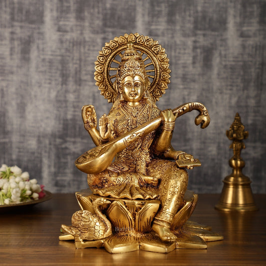 Brass Superfine Goddess Saraswati Sitting on Lotus with Swan | 11 Inch Height | 6.25 KG - Sama Homes Idol - Brass Sculpture