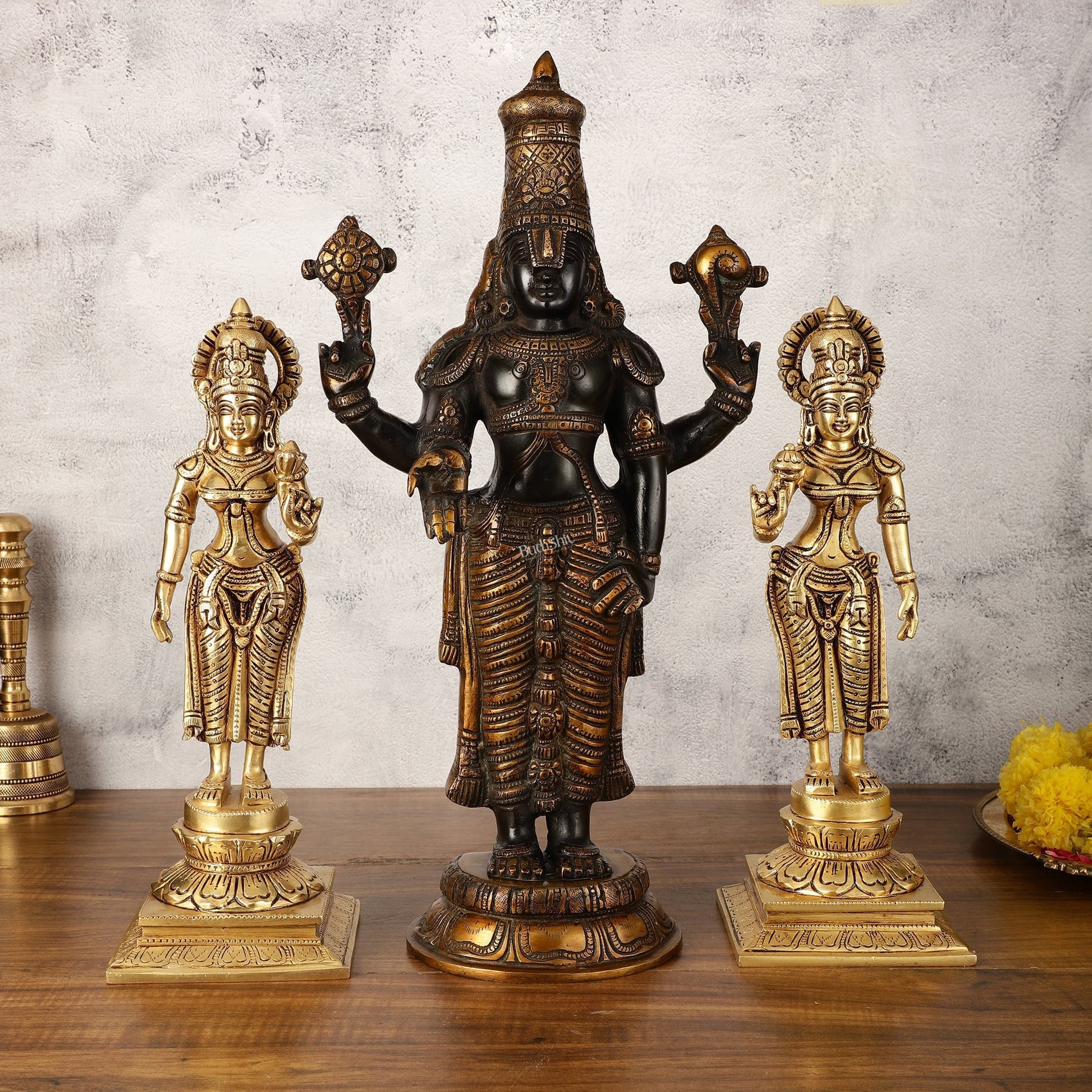 Brass Superfine Handcrafted Idols of Tirupati Balaji , Bhudevi, and Sridevi 18" - Sama Homes Idol - Brass Sculpture - Eco-friendly - Sama Homes